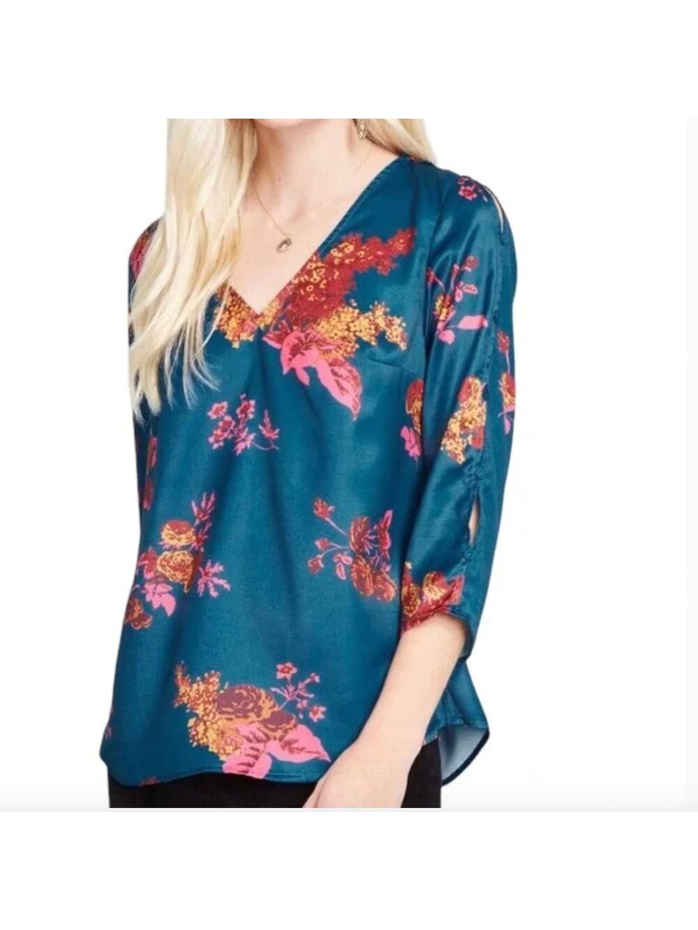 Modcloth Sincerely Yours V-neck Bright Floral Blouse Blue Women's Size Medium